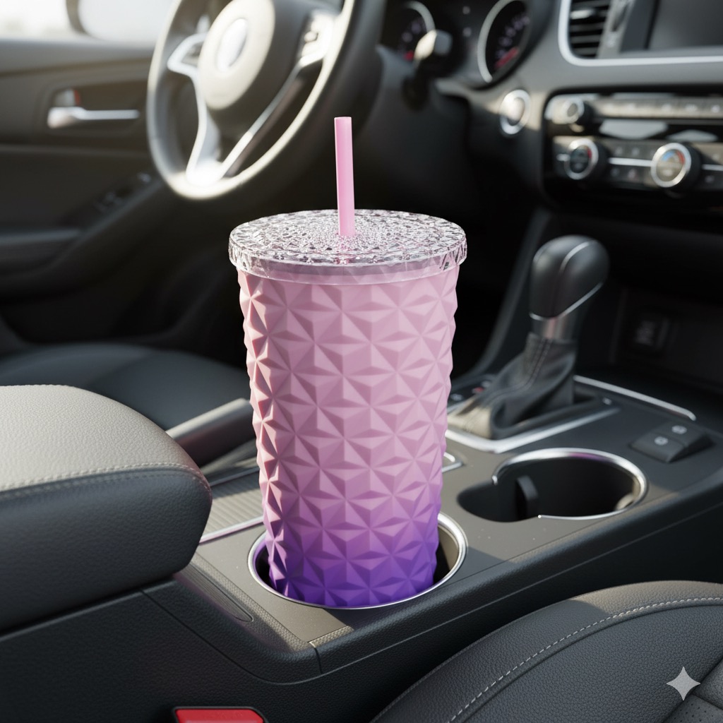 VRM 710ml BPA-Free Plastic Insulated Diamond Checkered Tumbler with Straw | Double Wall Cup with Silicone Grip & Spill-Proof Lid. - Image 4