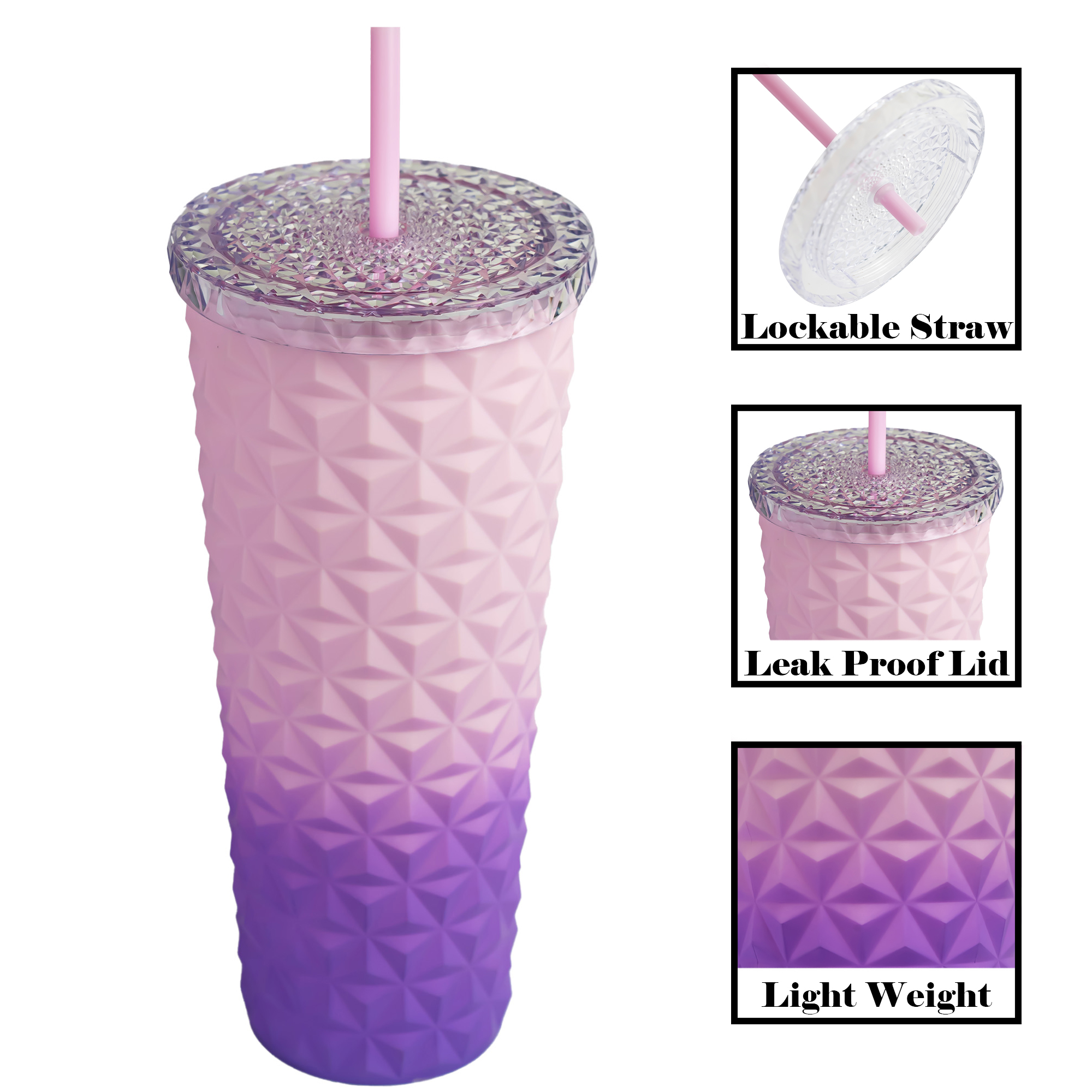 VRM 710ml BPA-Free Plastic Insulated Diamond Checkered Tumbler with Straw | Double Wall Cup with Silicone Grip & Spill-Proof Lid. - Image 5