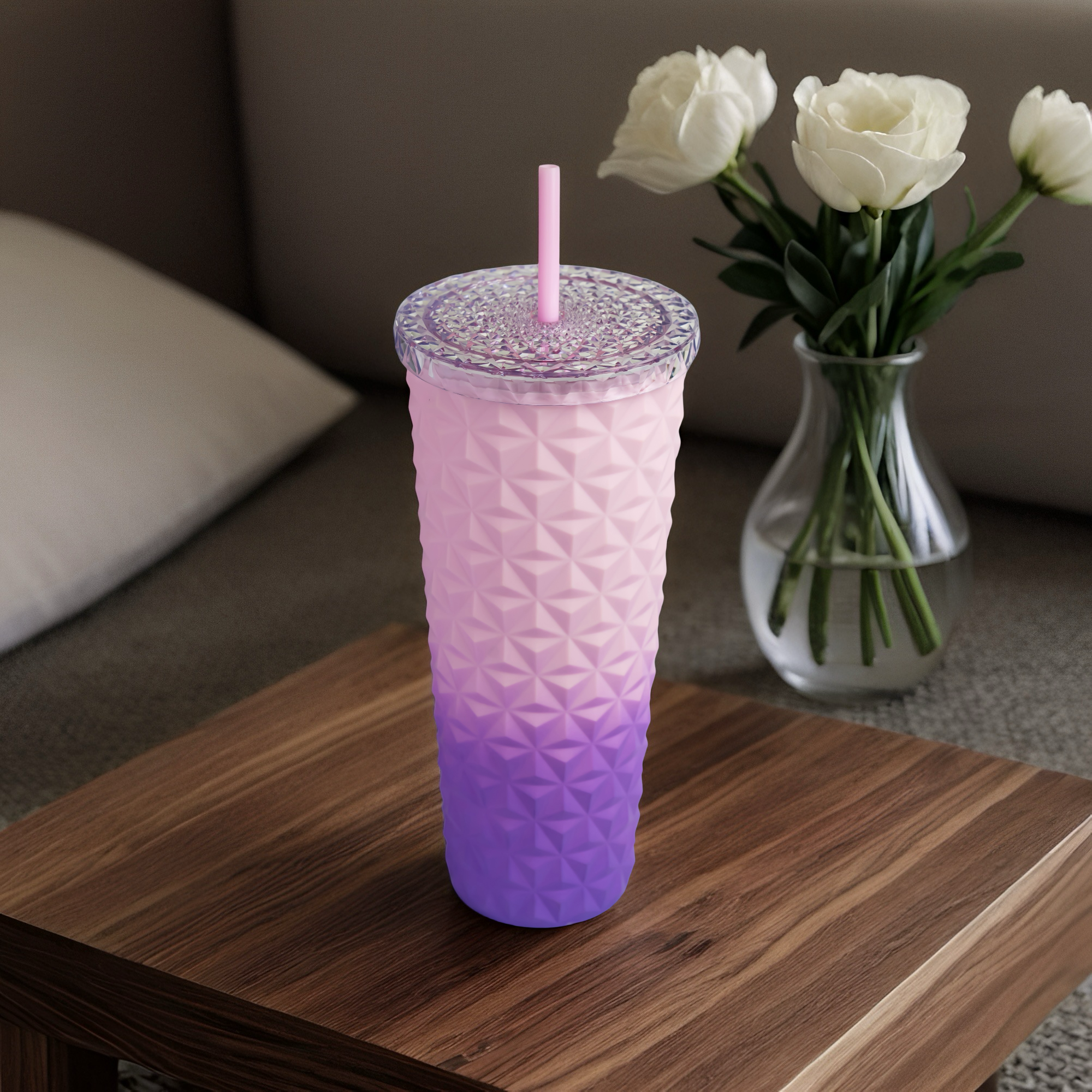 VRM 710ml BPA-Free Plastic Insulated Diamond Checkered Tumbler with Straw | Double Wall Cup with Silicone Grip & Spill-Proof Lid. - Image 2