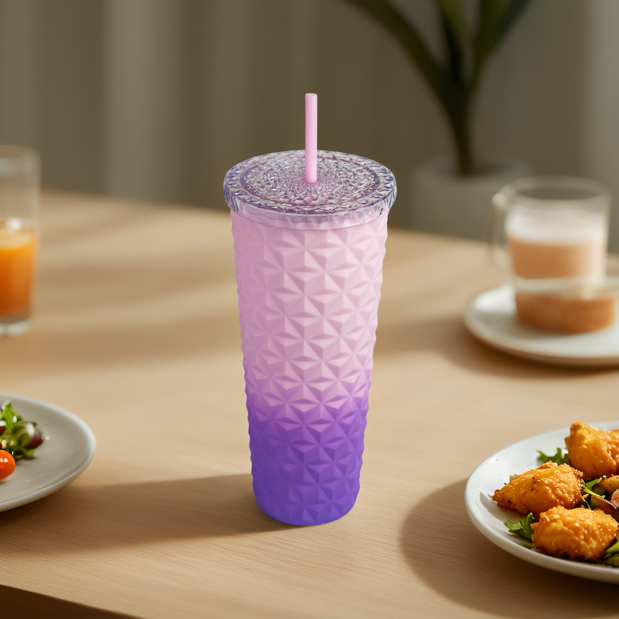 VRM 710ml BPA-Free Plastic Insulated Diamond Checkered Tumbler with Straw | Double Wall Cup with Silicone Grip & Spill-Proof Lid. - Image 3