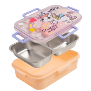 VRM 750ml Kids Bento Lunch Box | 3-Compartment Leak-Proof Insulated Lunchbox with Spoon & Chopsticks | StainlessSteel Inner, BPA-Free Outer | Unicorn Theme (Pink)