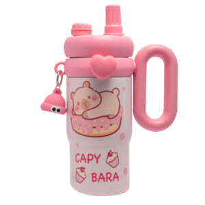 VRM 800ml Insulated Stainless Steel Water Bottle with Handle & Dual Sipper Straw | Leakproof BPA-Free Bottle for Kids & Adults | Durable, Cute Capybara Design, Easy to Carry & Reusable