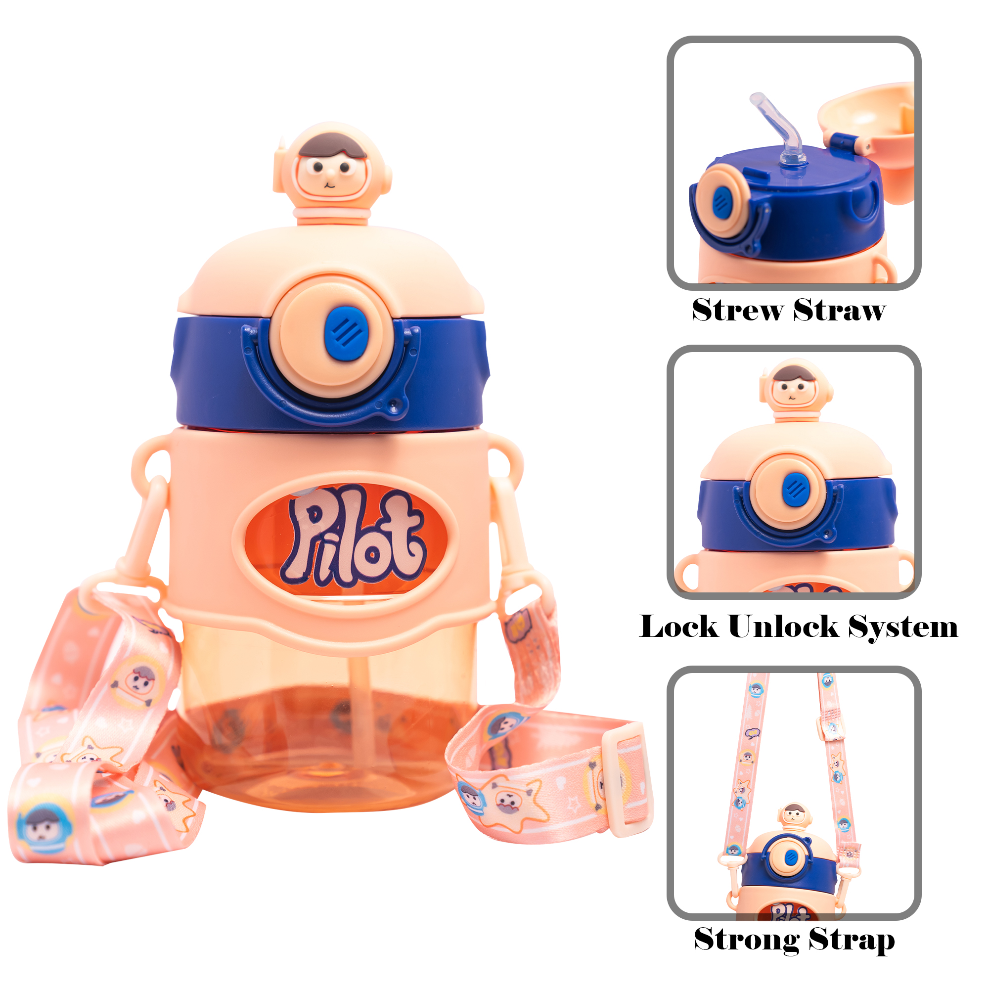 Astronaut/Pilot Theme Kids Water Bottle 500ml – BPA Free Plastic Bottle with Straw, Leak-Proof, One Touch Lid, Cute Space Design for School & Travel. - Image 3