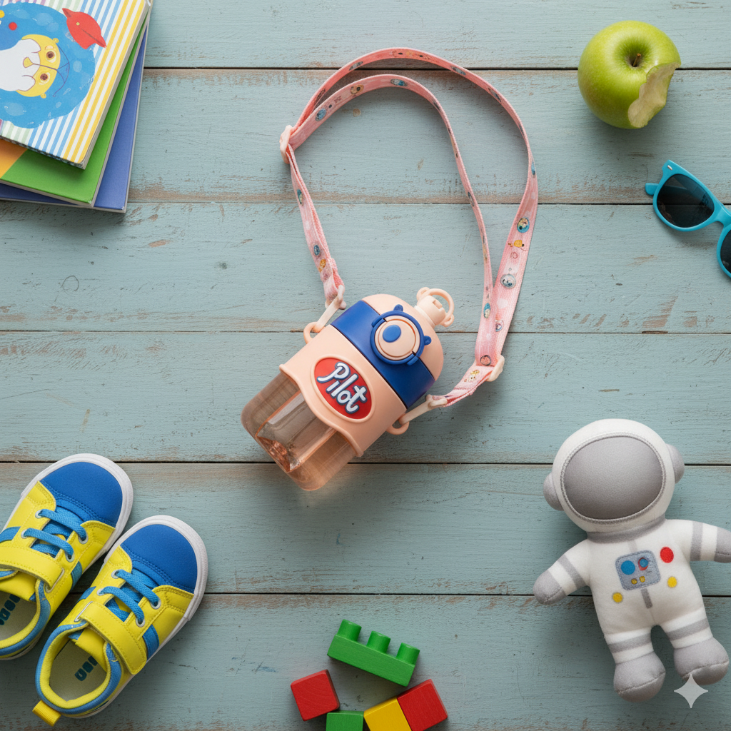 Astronaut/Pilot Theme Kids Water Bottle 500ml – BPA Free Plastic Bottle with Straw, Leak-Proof, One Touch Lid, Cute Space Design for School & Travel. - Image 2