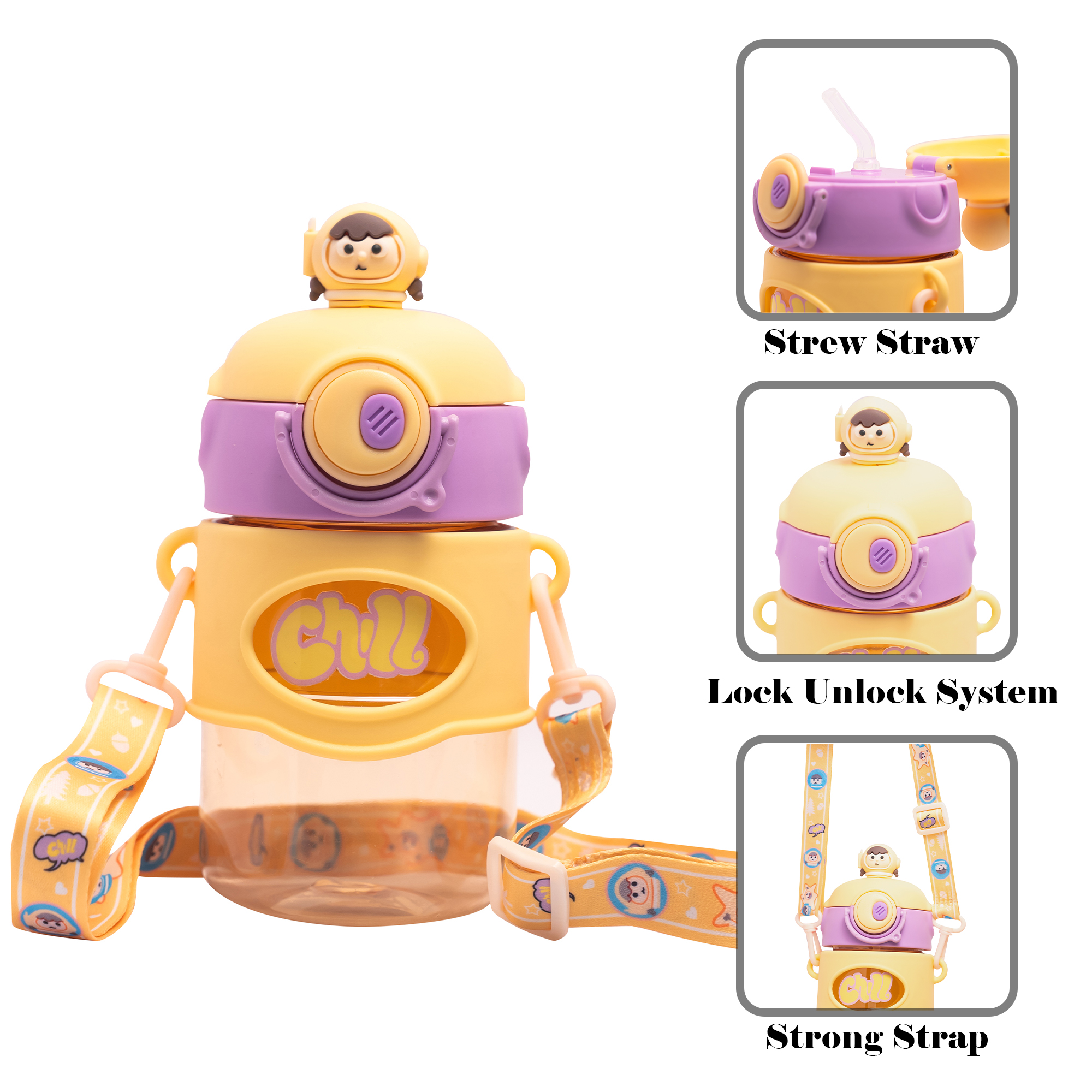 Astronaut/Pilot Theme Kids Water Bottle 500ml – BPA Free Plastic Bottle with Straw, Leak-Proof, One Touch Lid, Cute Space Design for School & Travel. - Image 21